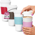 Copco Acadia Taza de viaje (paquete de 4), taza de café aislada de 16 onzas con plástico de doble pared, tapa a prueba de fugas, apta para microondas y lavavajillas, funda antideslizante, bebidas
