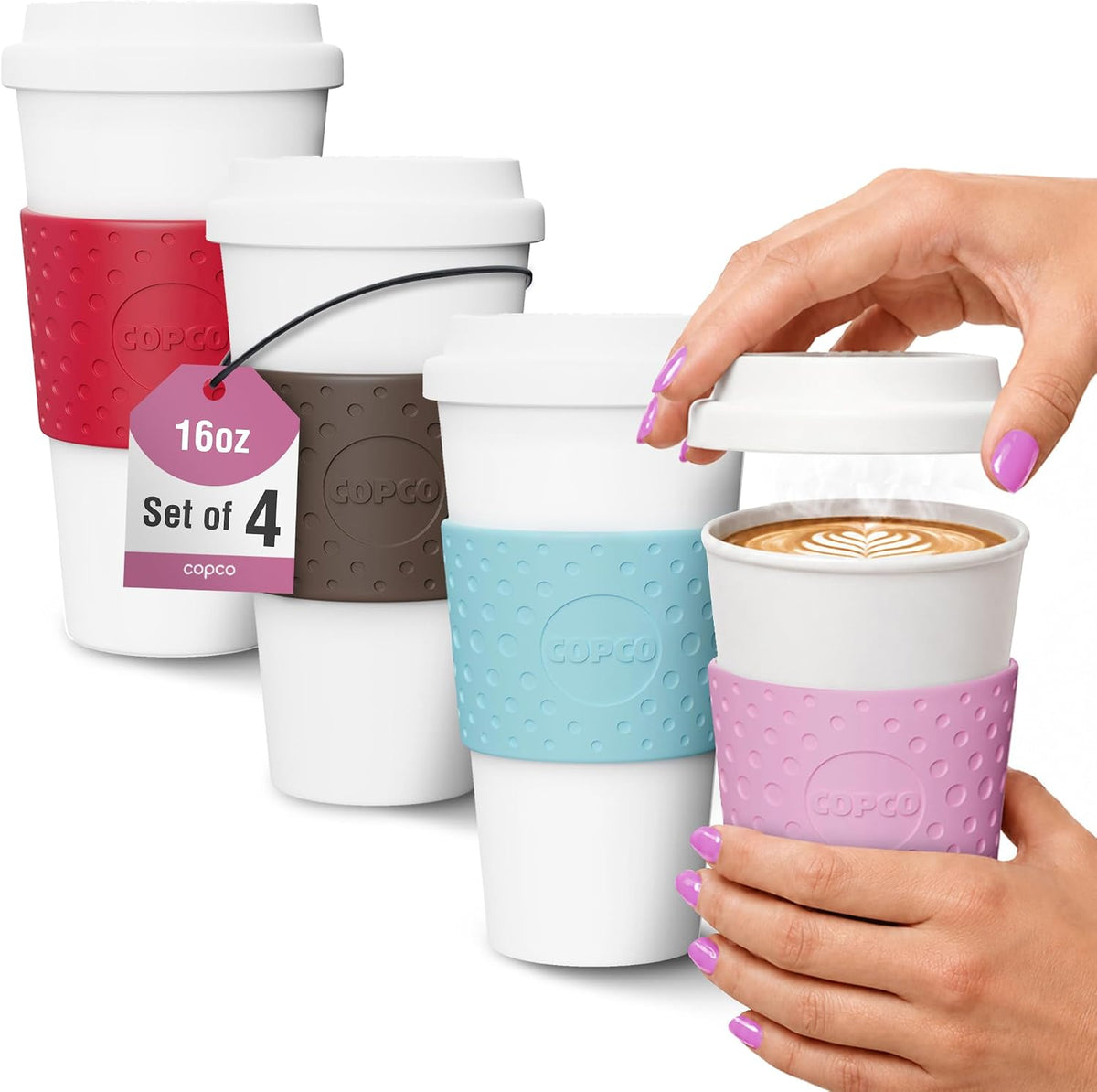 Copco Acadia Taza de viaje (paquete de 4), taza de café aislada de 16 onzas con plástico de doble pared, tapa a prueba de fugas, apta para microondas y lavavajillas, funda antideslizante, bebidas