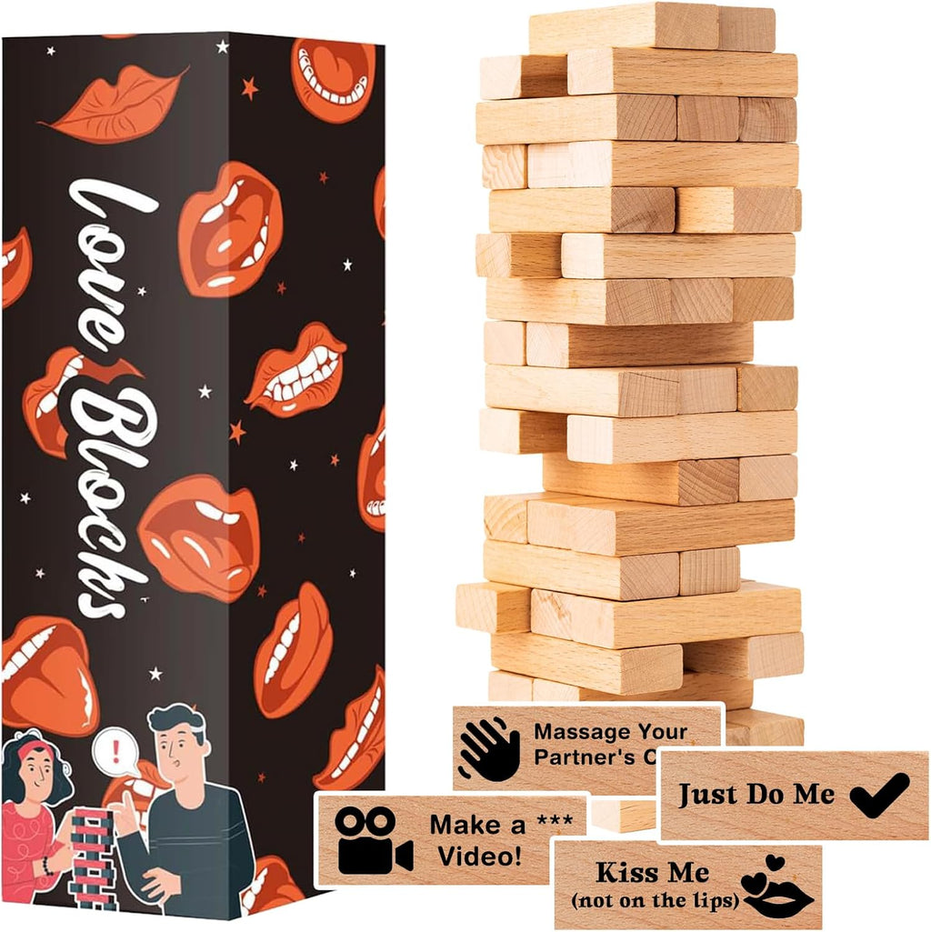 54Pcs Lust Tower – Bold, Flirty Twist en Lust Tower para Daring Adults, Valentine Tumbling Tower Stacking Blocks, Date Night Party Game