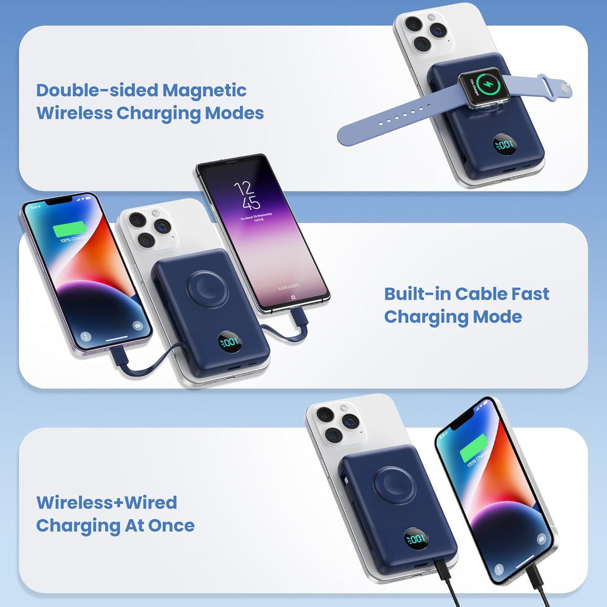 Cargador portátil magnético 6 en 1 para iPhone con cables integrado...