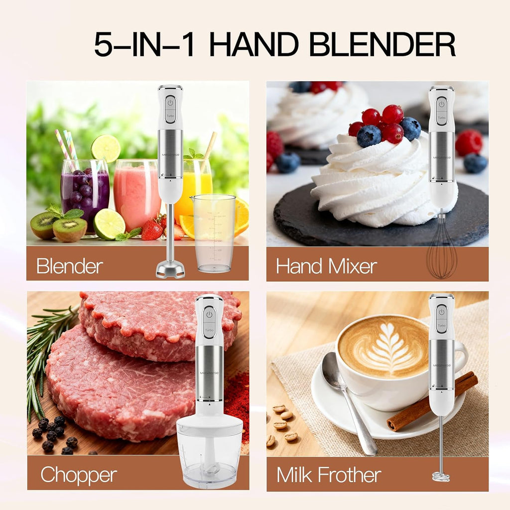 MEGAWISE Batidora de mano de inmersión 5 en 1, potente batidora de varilla de 1100 W con batidor, picadora, espumador de leche y vaso de precipitados, velocidad variable y turbo, cuchillas de acero