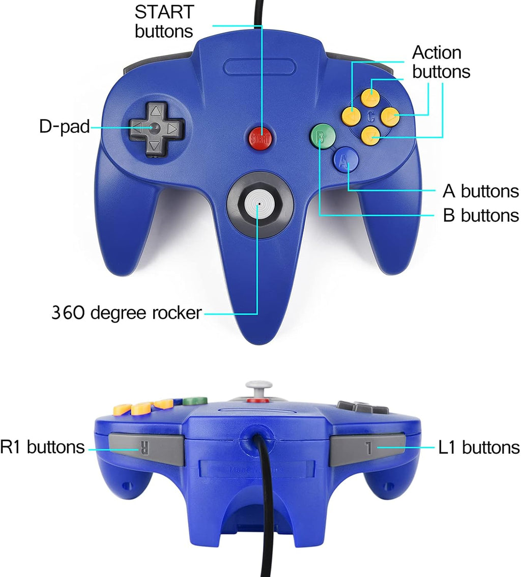 miadore Paquete de 4 Controladores Clásicos N64, Controladores con Cable para N64 con Joystick Mejorado (Versión USB no para PC) (Rojo/Azul/Verde Transparente/Azul Transparente)