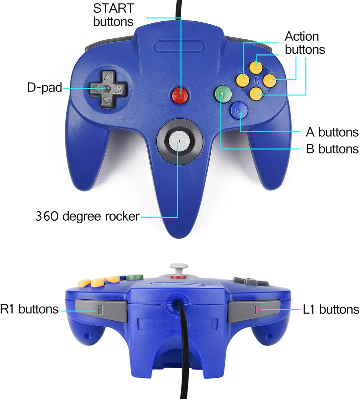 miadore Paquete de 4 Controladores Clásicos N64, Controladores con Cable para N64 con Joystick Mejorado (Versión USB no para PC) (Rojo/Azul/Verde Transparente/Azul Transparente)