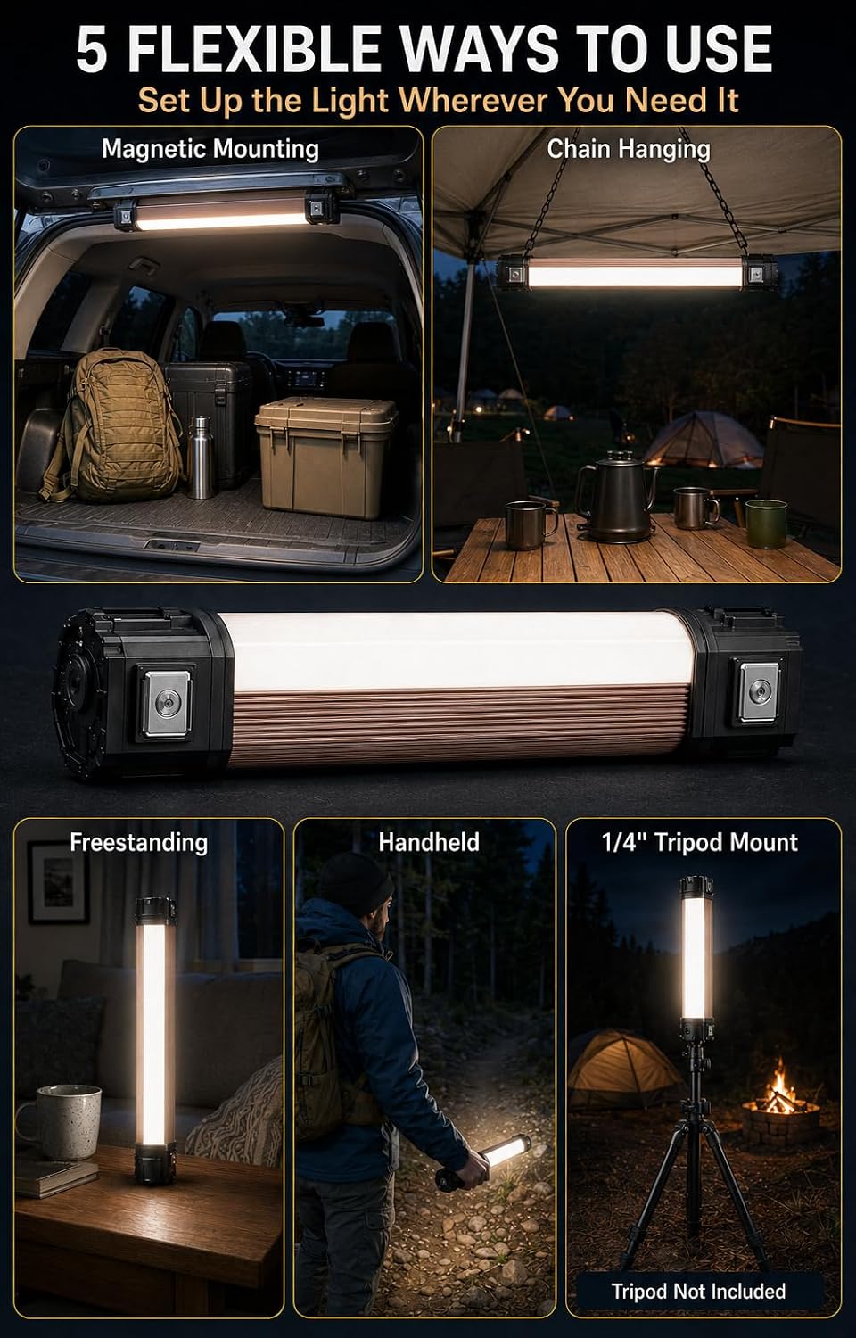 Paquete de 2 barras de luz LED magnéticas recargables para acampar