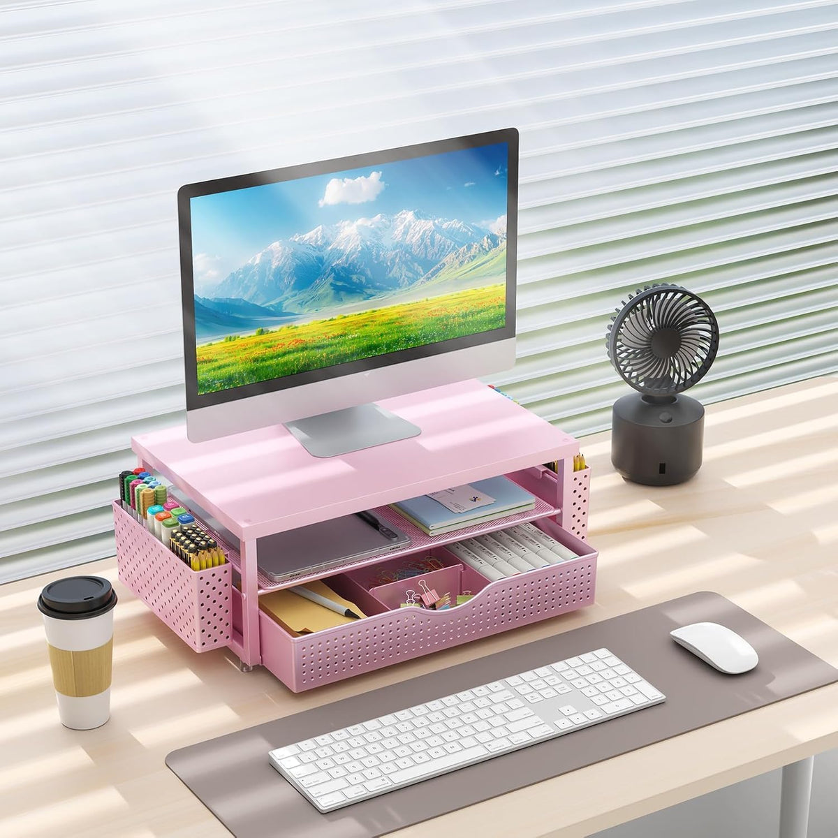gianotter - Soporte para monitor con cajón y 2 soportes para bolígrafos (color rosa mate)