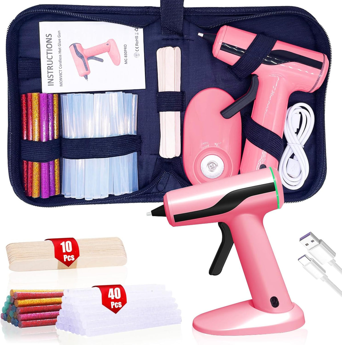 Kit de pistola de pegamento caliente inalámbrica MONVICT, pistola de pegamento rosa mini recargable USB-C con 40 piezas de barras de pegamento premium, 10 piezas de varillas para manualidades, estuche