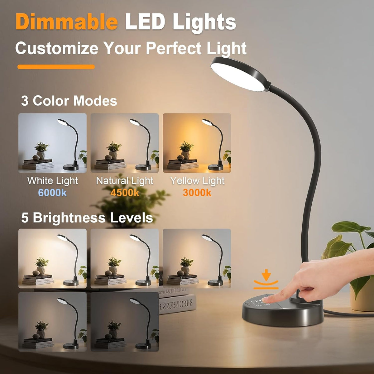 Lámpara Lámpara de escritorio LED de 15 W con puertos de carga USB, [botón y control remoto] Lámpara de mesa regulable con 3 modos de color, 5 niveles de brillo, 4 temporizadores, luz de lectura flexible para