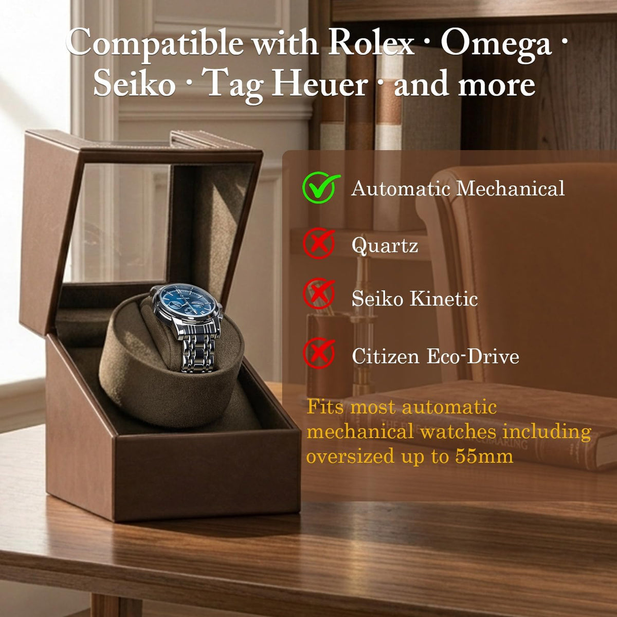 Mcbazel Caja Bobinadora Automática de Reloj de Cuero PU, Motor Silencioso con Enchufe, Caja de Exhibición y Almacenamiento para Relojes Automáticos