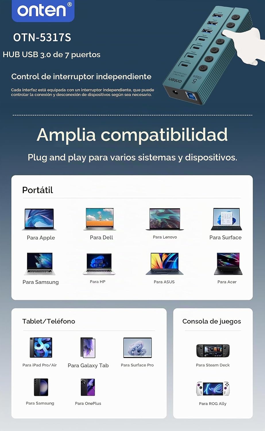 ONTEN, hub USB 3.0 de 7 puertos