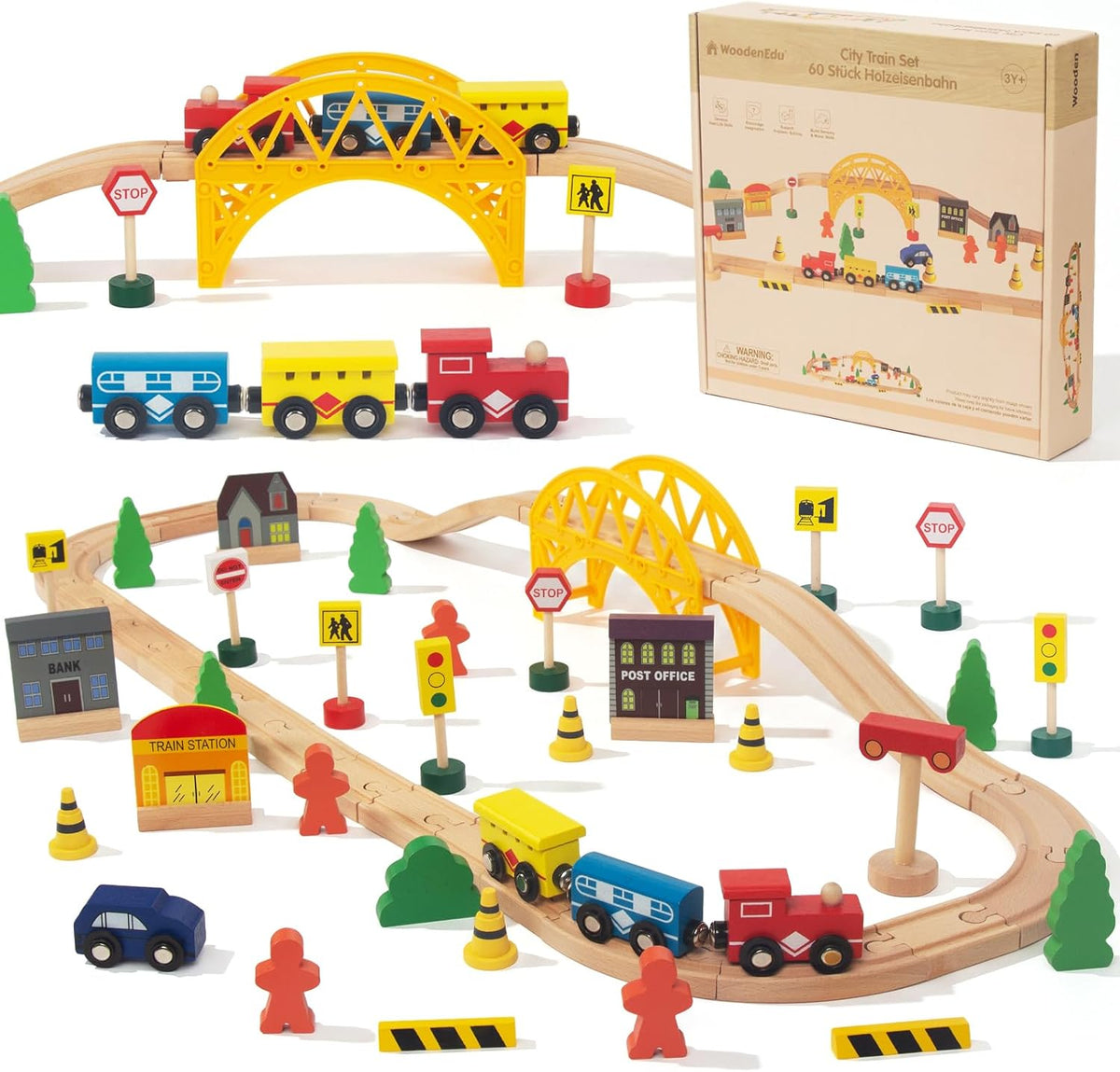 Juego de tren de 60 piezas para niños de 3 años, vías de juego de tren de madera de doble cara para niños pequeños, compatible con Brio, Thomas, Melissa y Doug, juguetes de tren de madera para niños y
