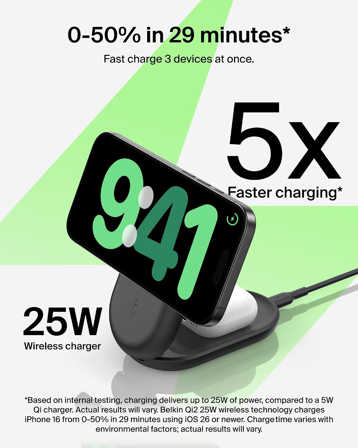 Belkin Qi2.2 25W Estación de Carga Inalámbrica 3 en 1 Plegable de Carga Rápida para iPhone