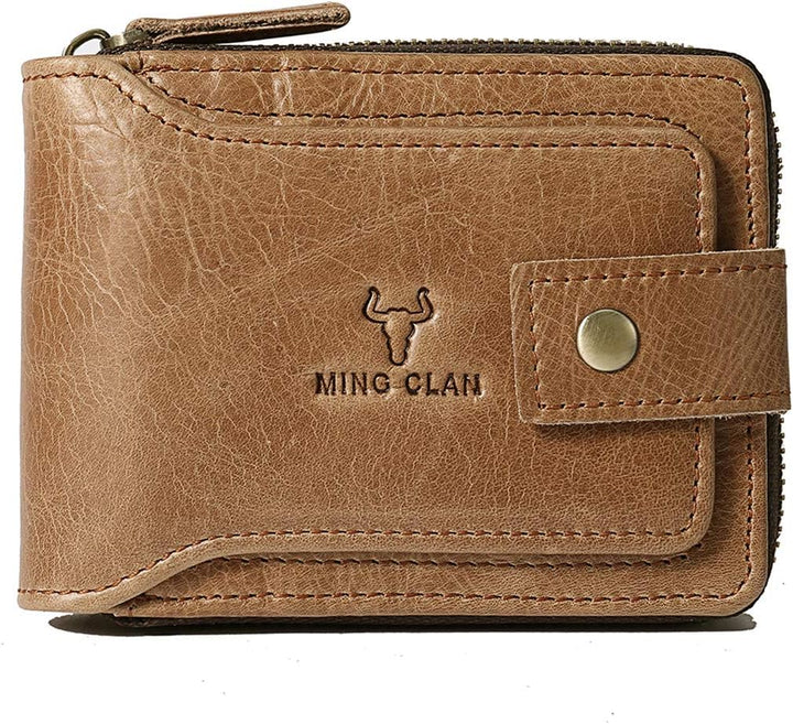 MING CLAN Cartera con cremallera para hombre, piel tabaco, bloqueo...