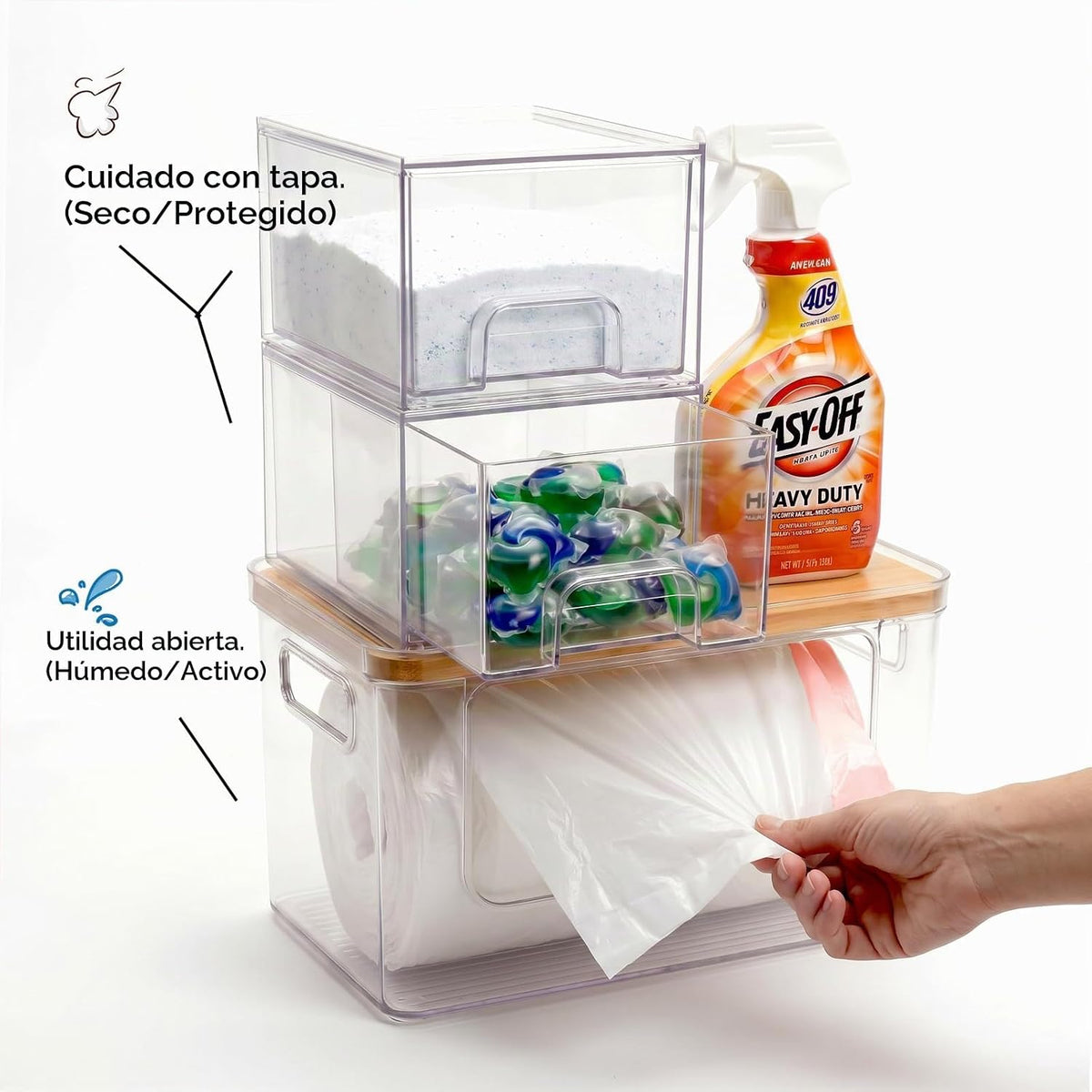 Organizadores para debajo del fregadero 3 en 1, almacenamiento de acrílico apilable para baño, dispensador de bolsas de basura y soporte para cápsulas de lavavajillas para cocina y organización