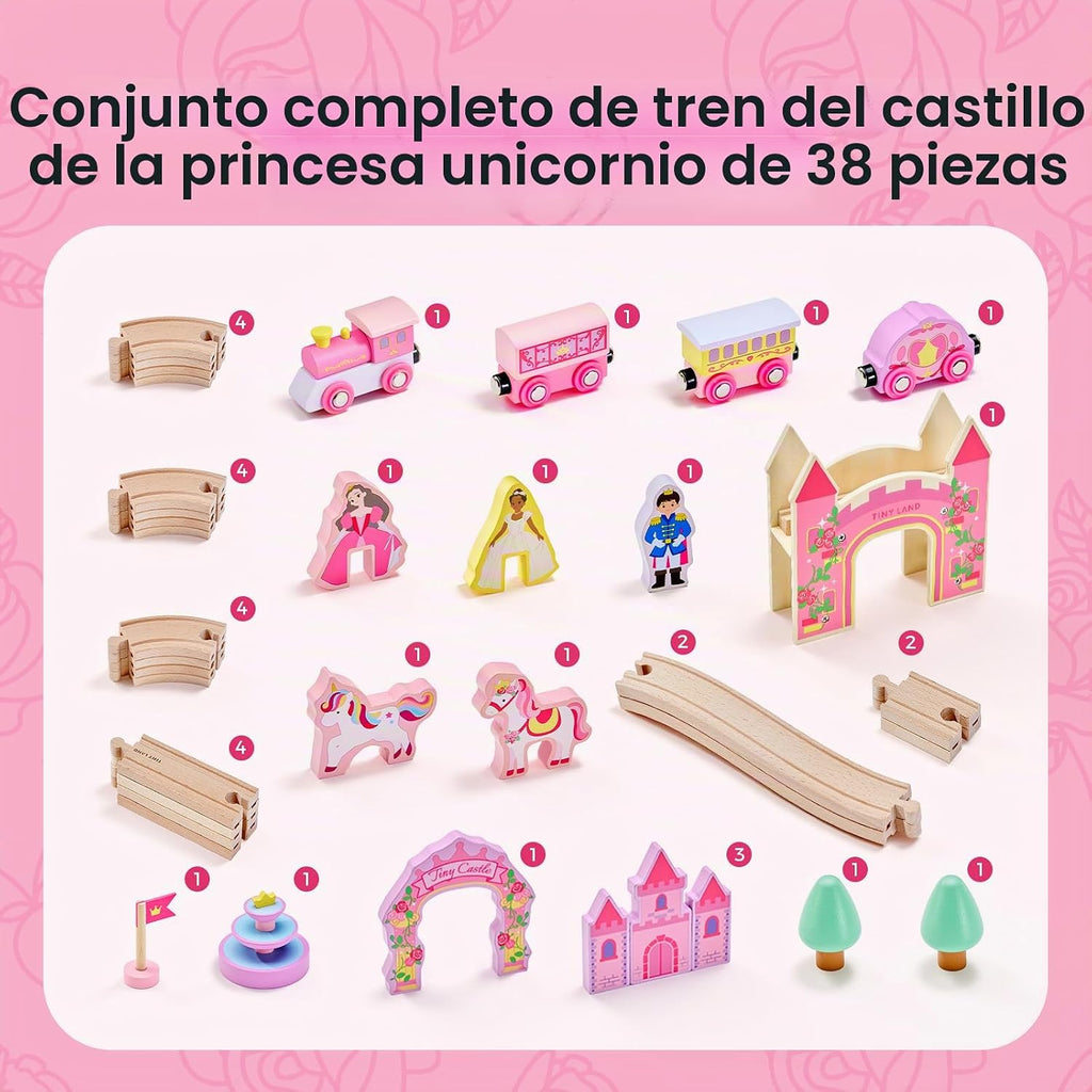 Tiny Land Juego de tren de madera para niñas, juego de tren de princesa