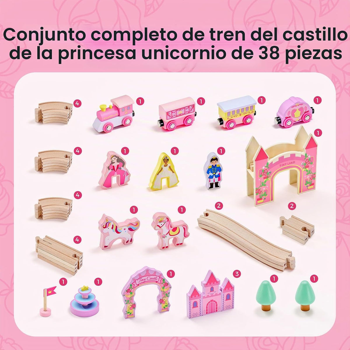 Tiny Land Juego de tren de madera para niñas, juego de tren de princesa