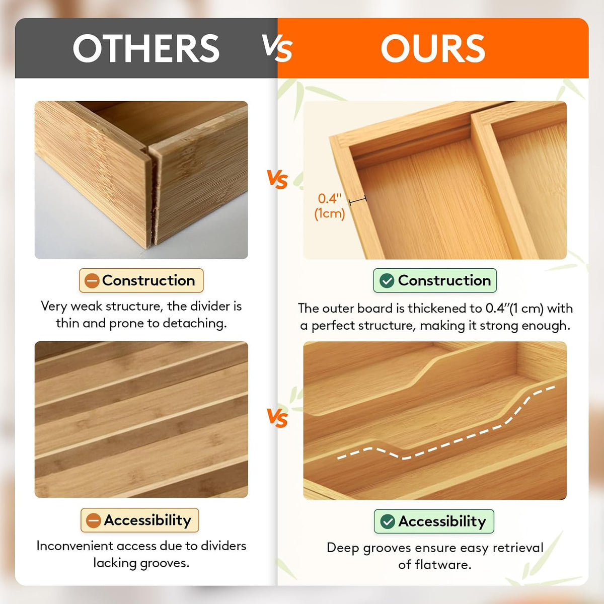 Lifewit Bamboo Utensil Organizer para Kitchen Drawer, Cooking Utensil Tray