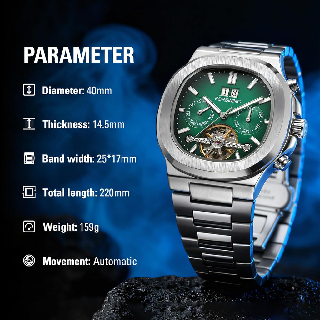 FORSINING Reloj mecánico automático para hombre, caja cuadrada clásica, esfera Tourbillon, multifuncional (fecha/semana/mes) reloj de pulsera casual de negocios con acero inoxidable Starp impermeable