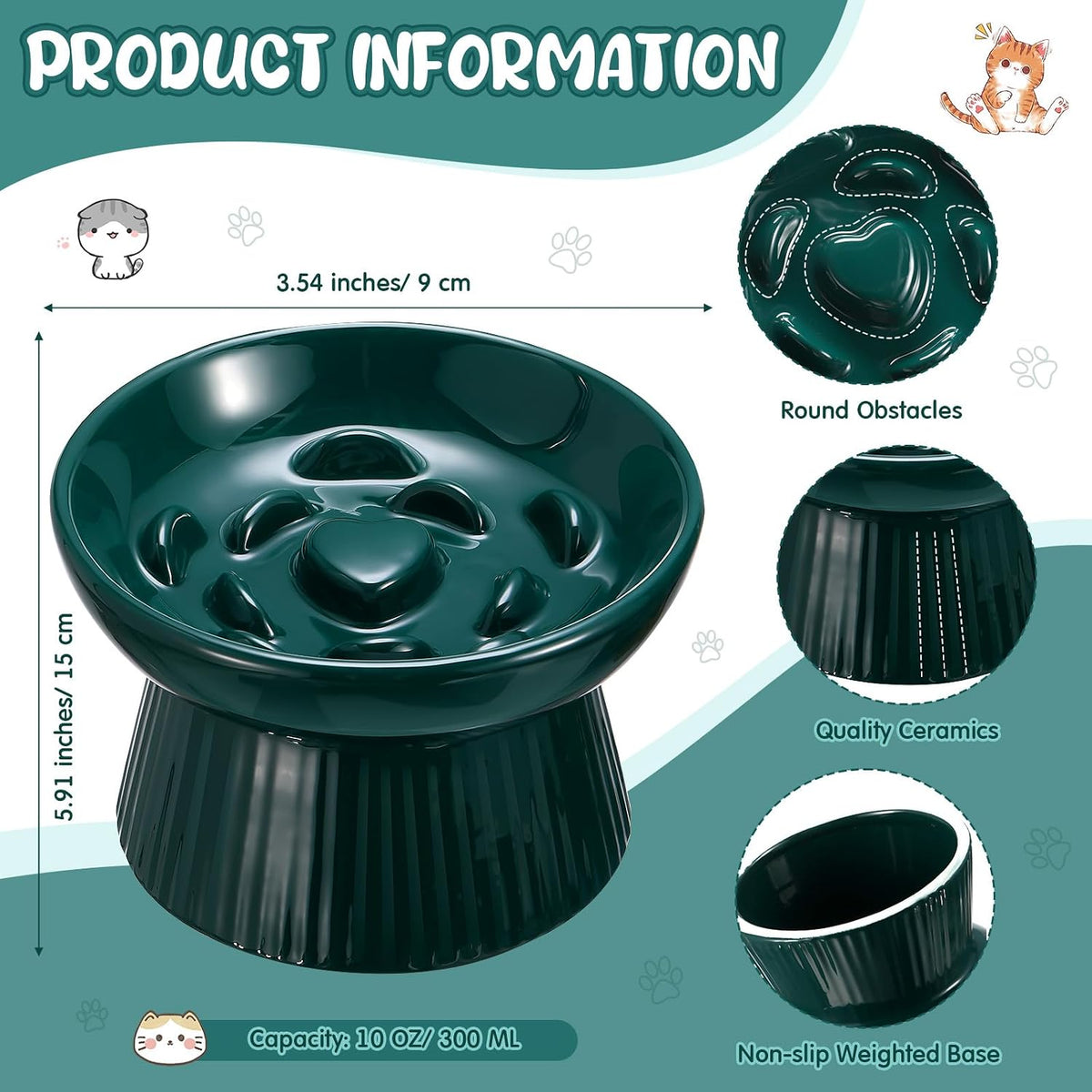 Tioncy - Cuenco elevado de cerámica para gatos (2 unidades), color verde