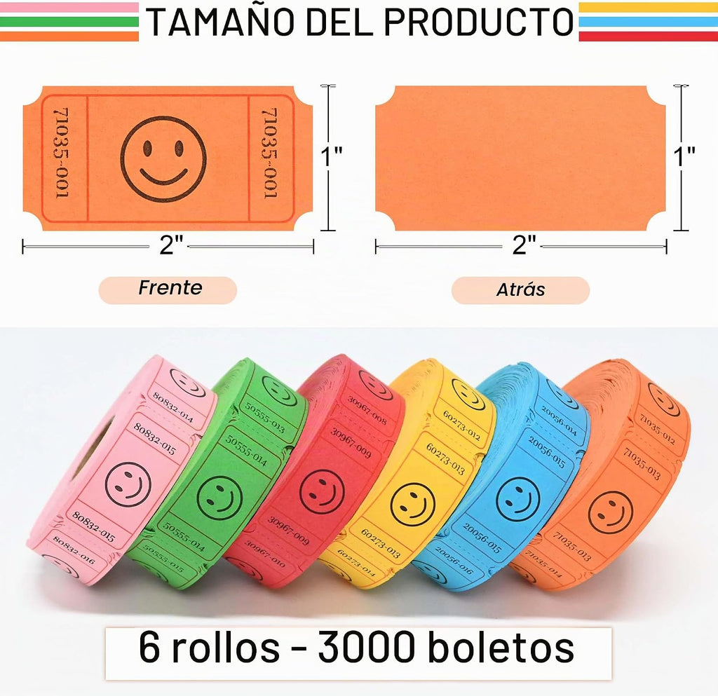 LLIKED 3000 Tickets de Rifas, 1x2 Pulgadas Diseño de Sonrisa, 6 Rollos de Colores Surtidos
