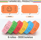 LLIKED 3000 Tickets de Rifas, 1x2 Pulgadas Diseño de Sonrisa, 6 Rollos de Colores Surtidos