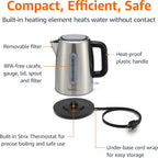 Amazon Basics Hervidor eléctrico de acero inoxidable para té y café, sin BPA, hervir rápido, apagado automático, protección contra hervor, 1.7 litros, 1500 W, negro y plateado