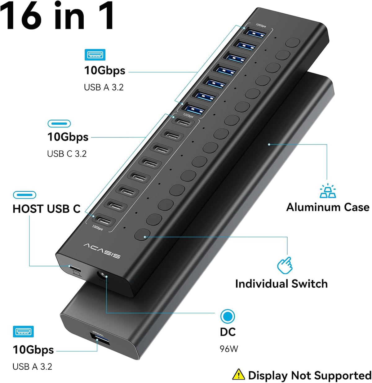 ACASIS, HB16Pro-BK, hub USB 3.2 de 16 puertos, alimentado, adaptador 5V/1.5A