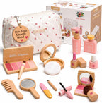 Juego de juguetes de maquillaje de madera para niñas, kit de maquillaje para niños de 3 a 5 años con sombra de ojos, rímel, perfume, rubor, espejo, bolsa, regalos de cumpleaños para niñas