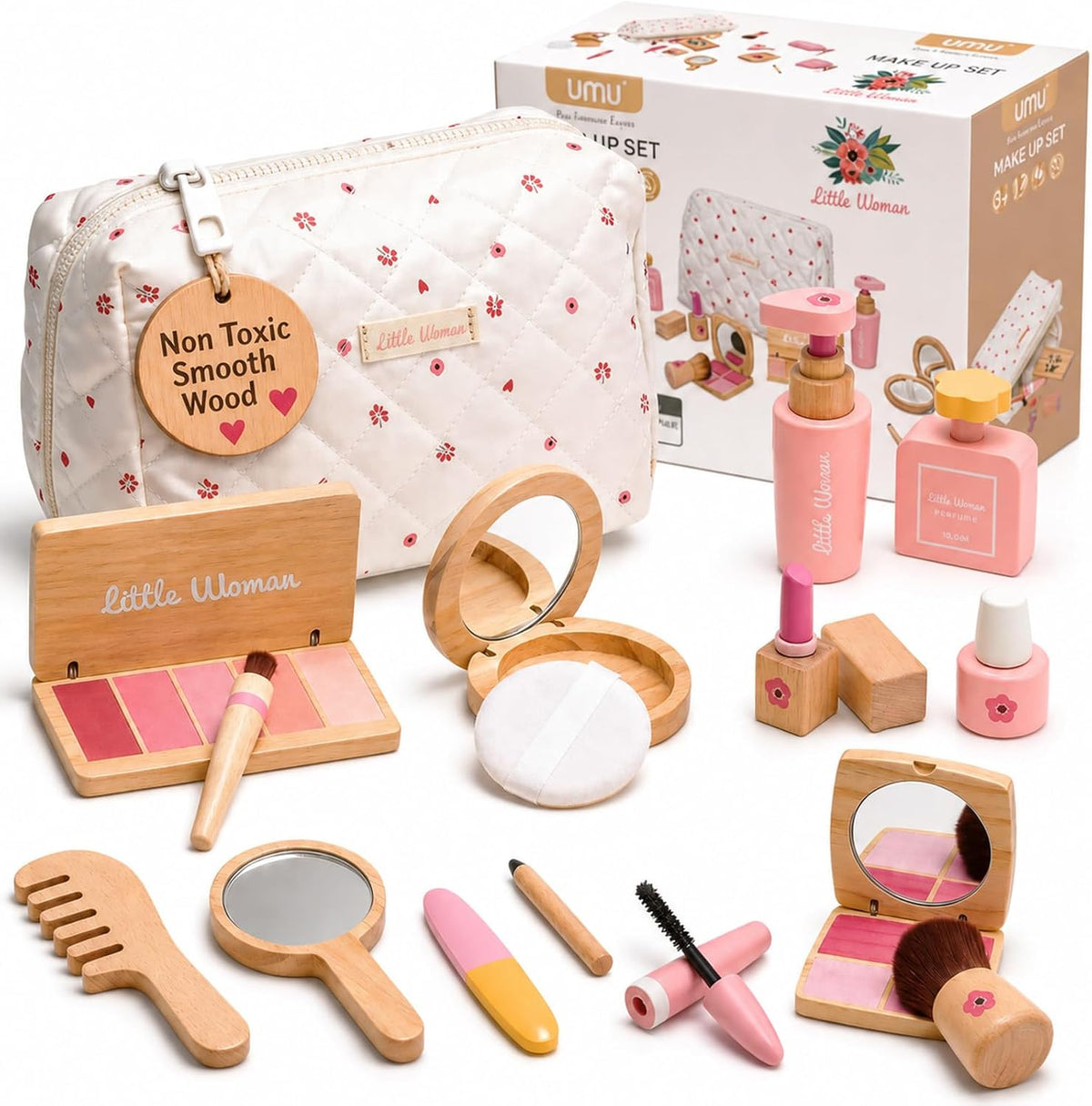 Juego de juguetes de maquillaje de madera para niñas, kit de maquillaje para niños de 3 a 5 años con sombra de ojos, rímel, perfume, rubor, espejo, bolsa, regalos de cumpleaños para niñas