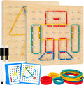 2Pack Tablero Geométrico de Madera, Juguete Montessori, Juguete Educativo Matemático Gráfico para Niños con Tarjetas de Patrones y Bandas de Goma para Figuras y Formas, Rompecabezas STEM Tablero Geo.