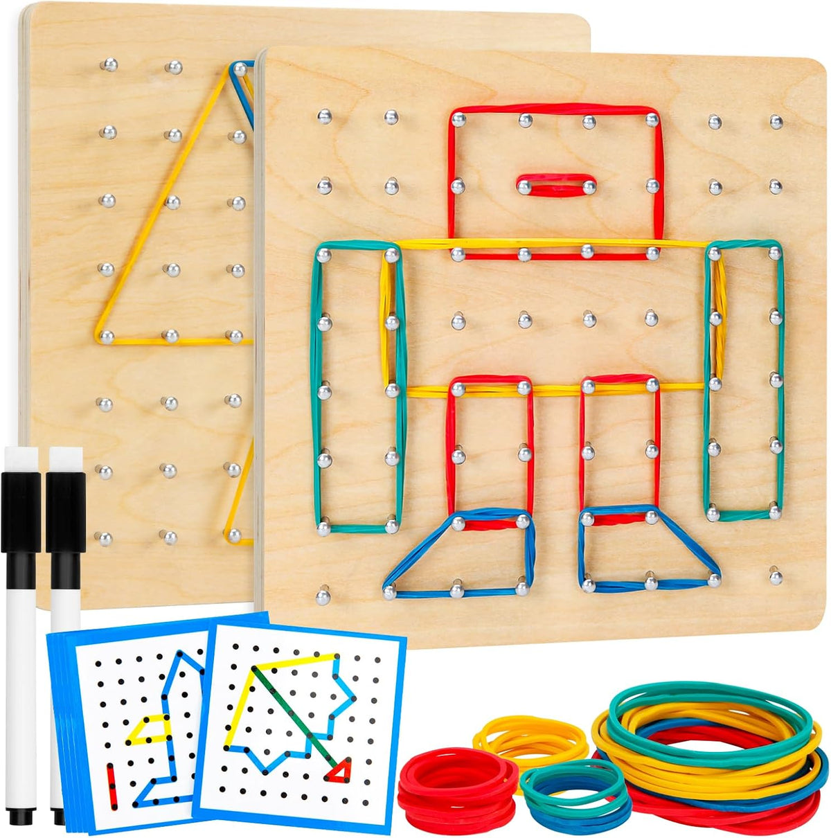 2Pack Tablero Geométrico de Madera, Juguete Montessori, Juguete Educativo Matemático Gráfico para Niños con Tarjetas de Patrones y Bandas de Goma para Figuras y Formas, Rompecabezas STEM Tablero Geo.