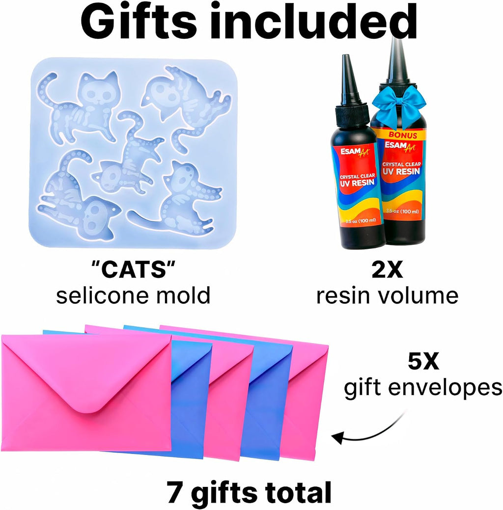 Lámpara ESAM Group Kit de fabricación de joyas de resina UV para niños, adolescentes y principiantes, juego completo de inicio con lámpara UV, 6 moldes de silicona, 48 purpurina, 3 pigmentos, hallazgos de joyería, flores secas y herramientas (kit de lujo)