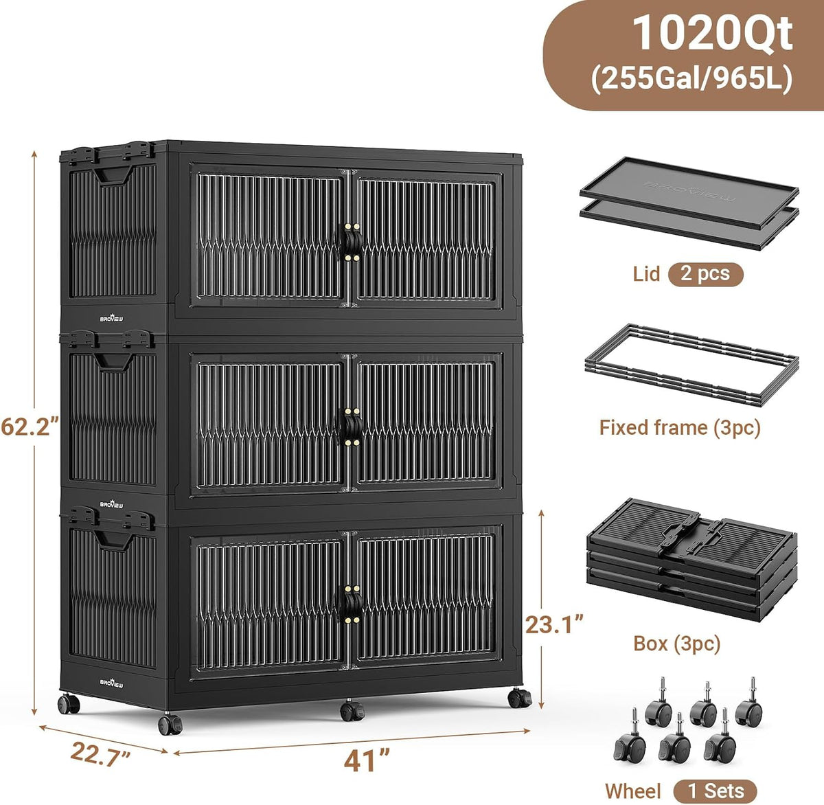 BROVIEW Contenedores de almacenamiento apilables extra grandes de 255 galones/1020 cuartos de galón con tapas y ruedas, paquete de 3, color negro