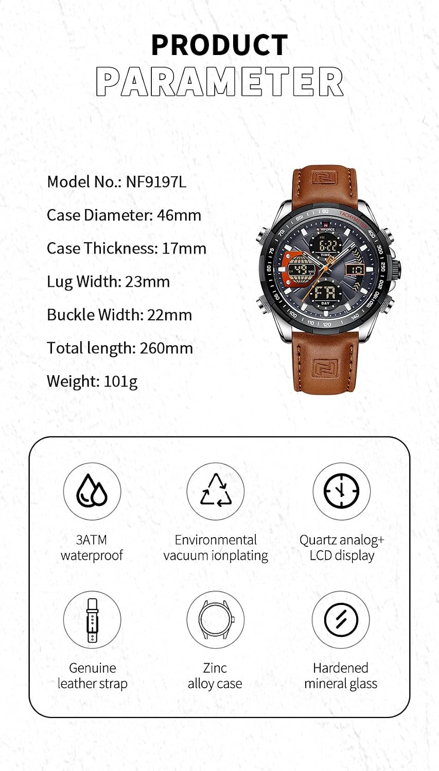 NAVIFORCE Relojes militares digitales para hombre, reloj analógico de cuarzo, resistente al agua, deportivo, multifuncional, correa de cuero, reloj de pulsera