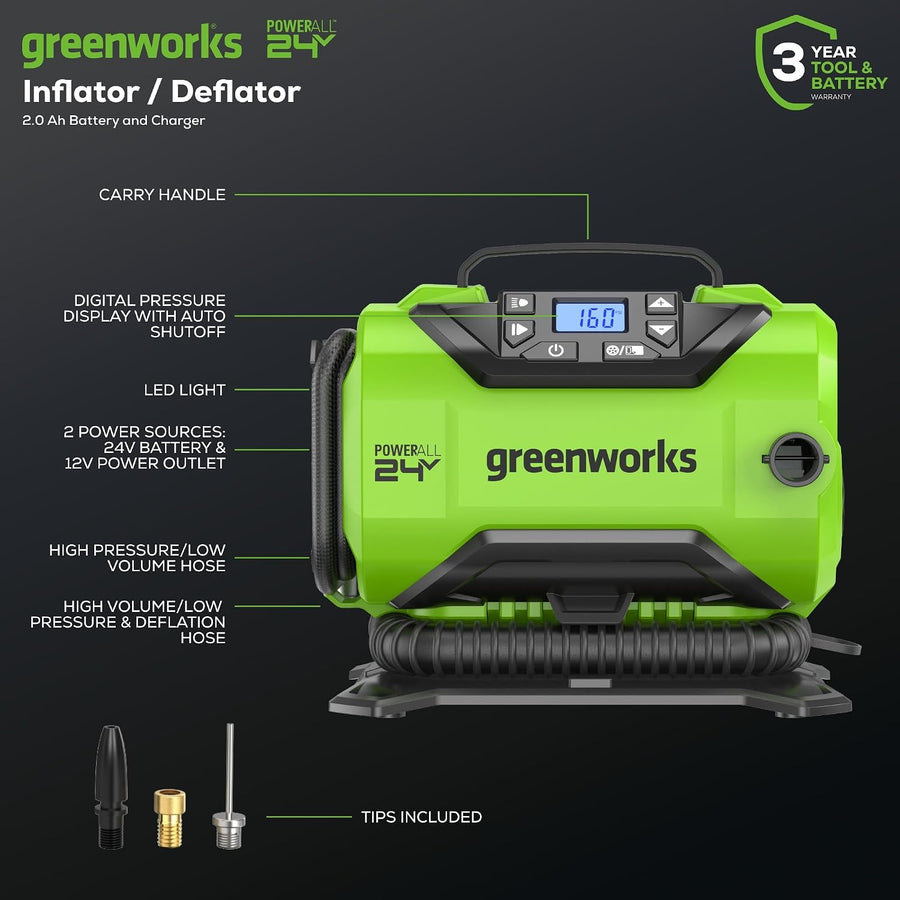 Greenworks Inflador de neumáticos inalámbrico de 24 V, compresor de...