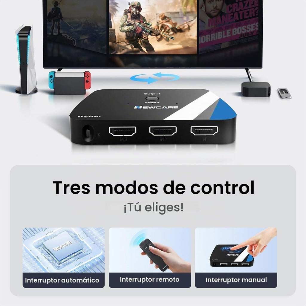 Interruptor HDMI 2.1 3 en 1 salida, 4K @120Hz 8K @60Hz 48Gbps Dolby ALLM