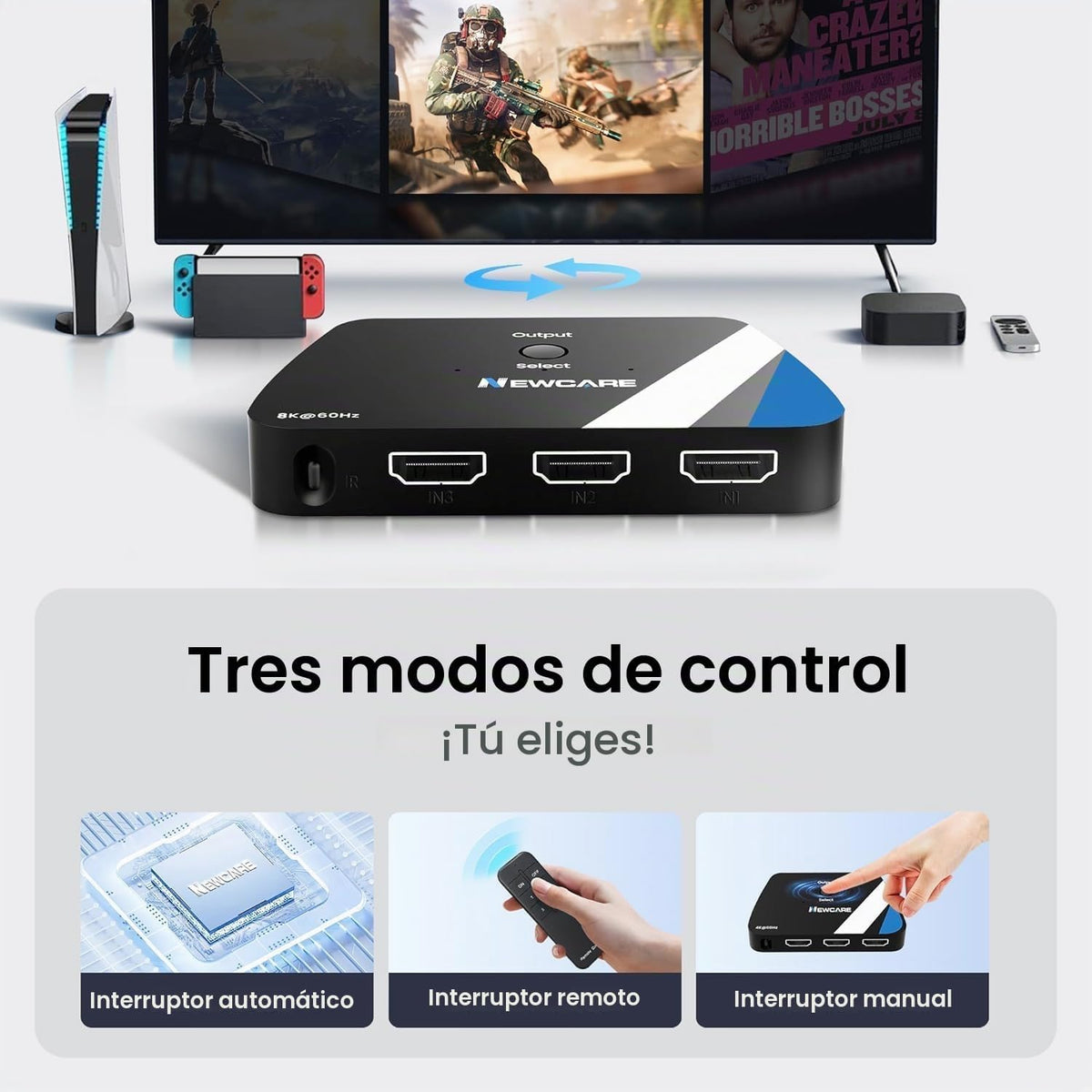 Interruptor HDMI 2.1 3 en 1 salida, 4K @120Hz 8K @60Hz 48Gbps Dolby ALLM