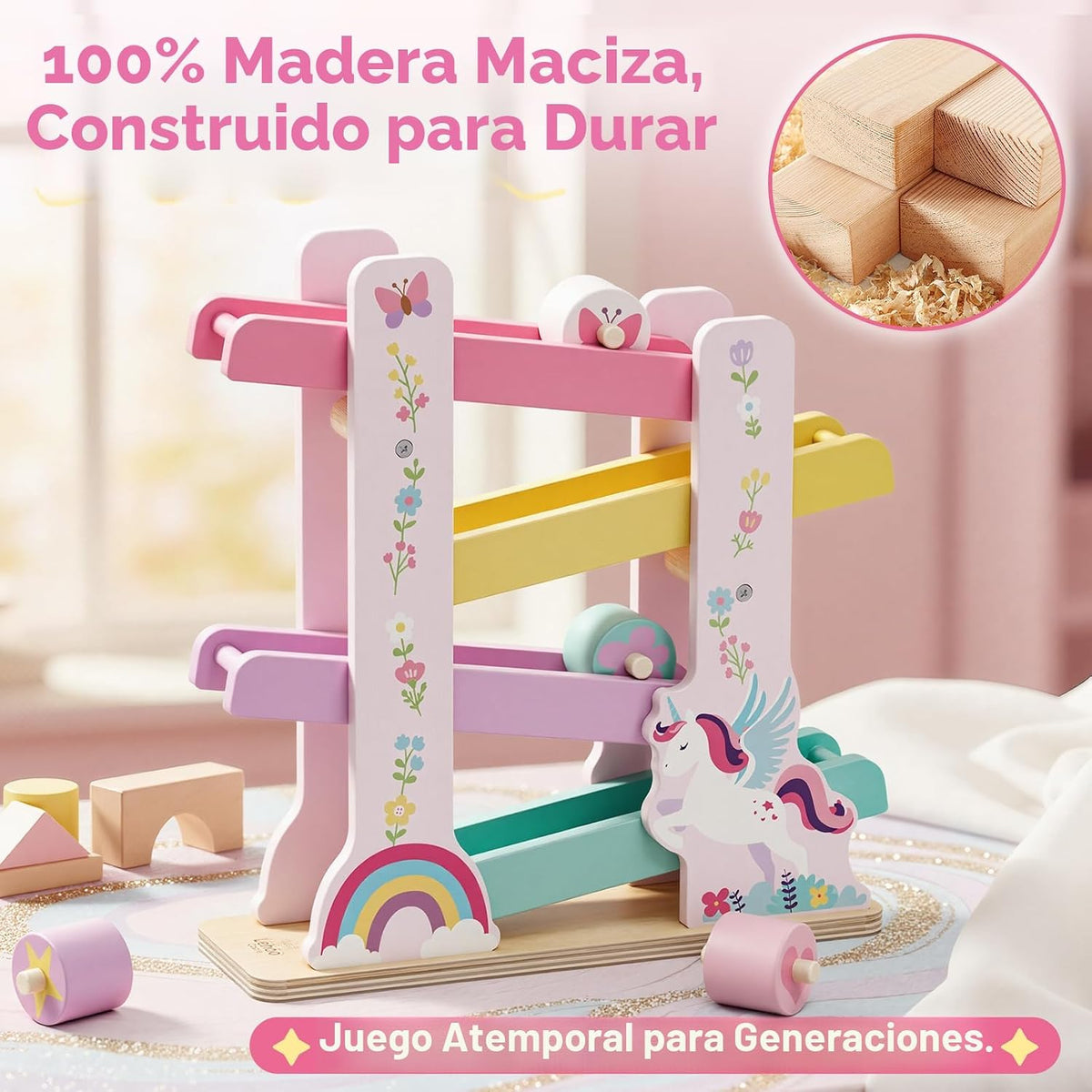 Lehoo Castle Unicorn Wooden Car Ramp Toy para 1 Year Old Girls