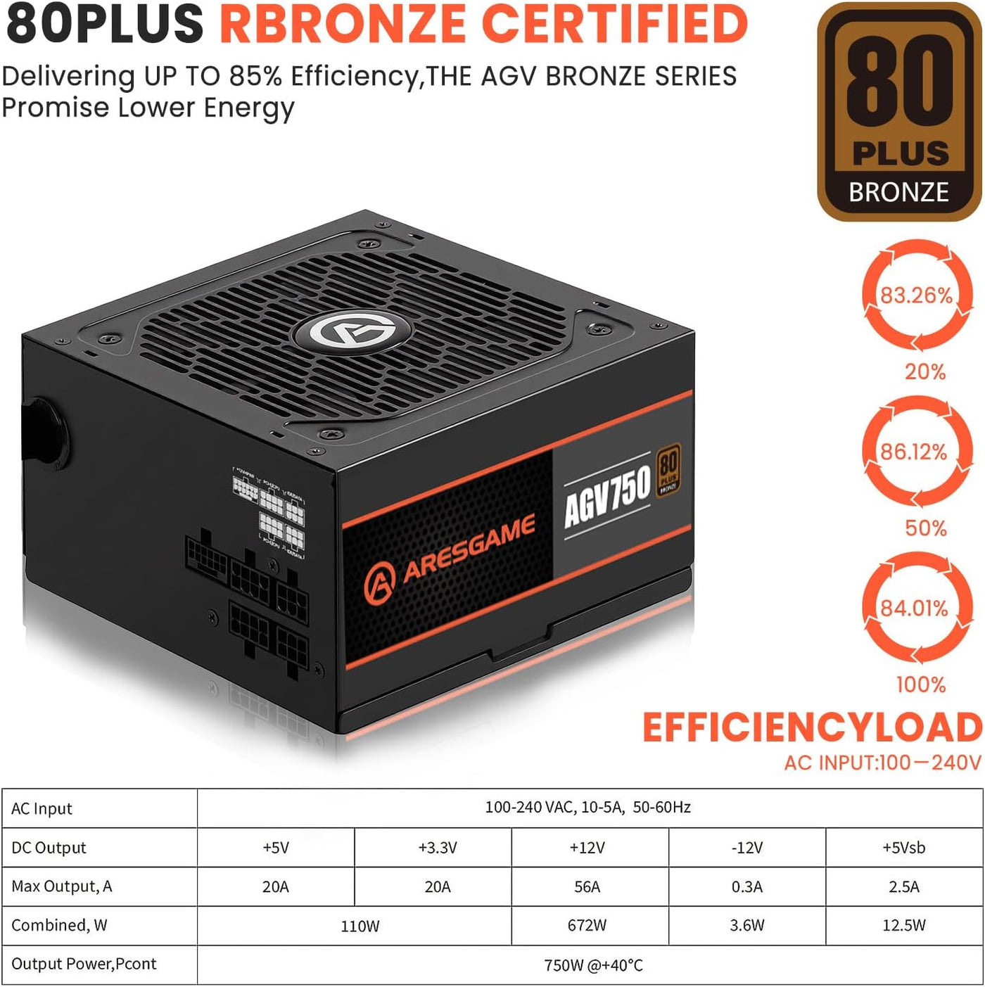 ARESGAME Fuente de alimentación AGV750 750W, certificado 80 Plus Br...