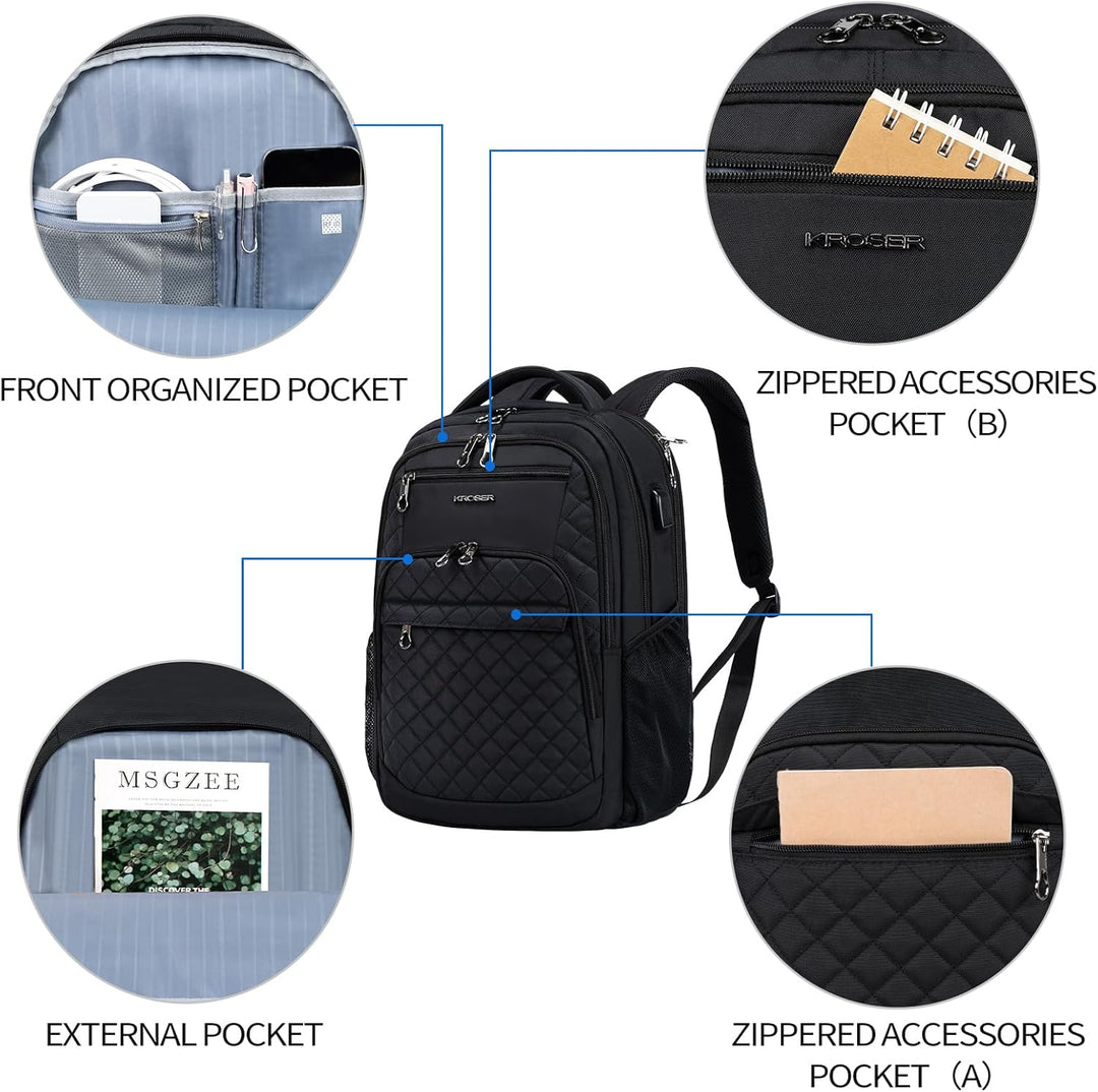KROSER Mochila de viaje para laptop, Acolchado, negro, 17 pulg., Mo...