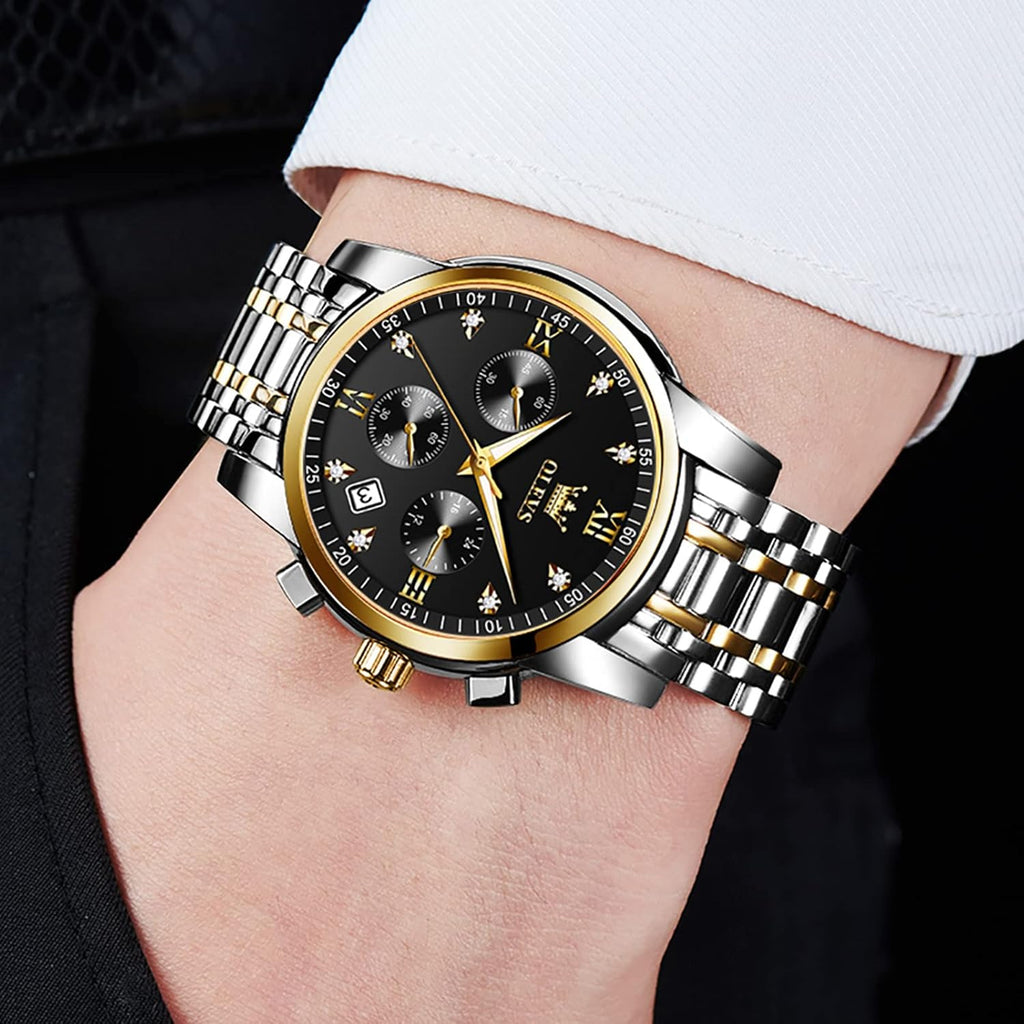 OLEVS Relojes de Oro para Hombres Reloj de Pulsera de Lujo a Prueba de Agua Gran Cara Elegante Acero Inoxidable Analógico Cuarzo Fecha Cronógrafo Luminoso Lectura Fácil Relojes de Negocios Regalos para Hombres Graduación