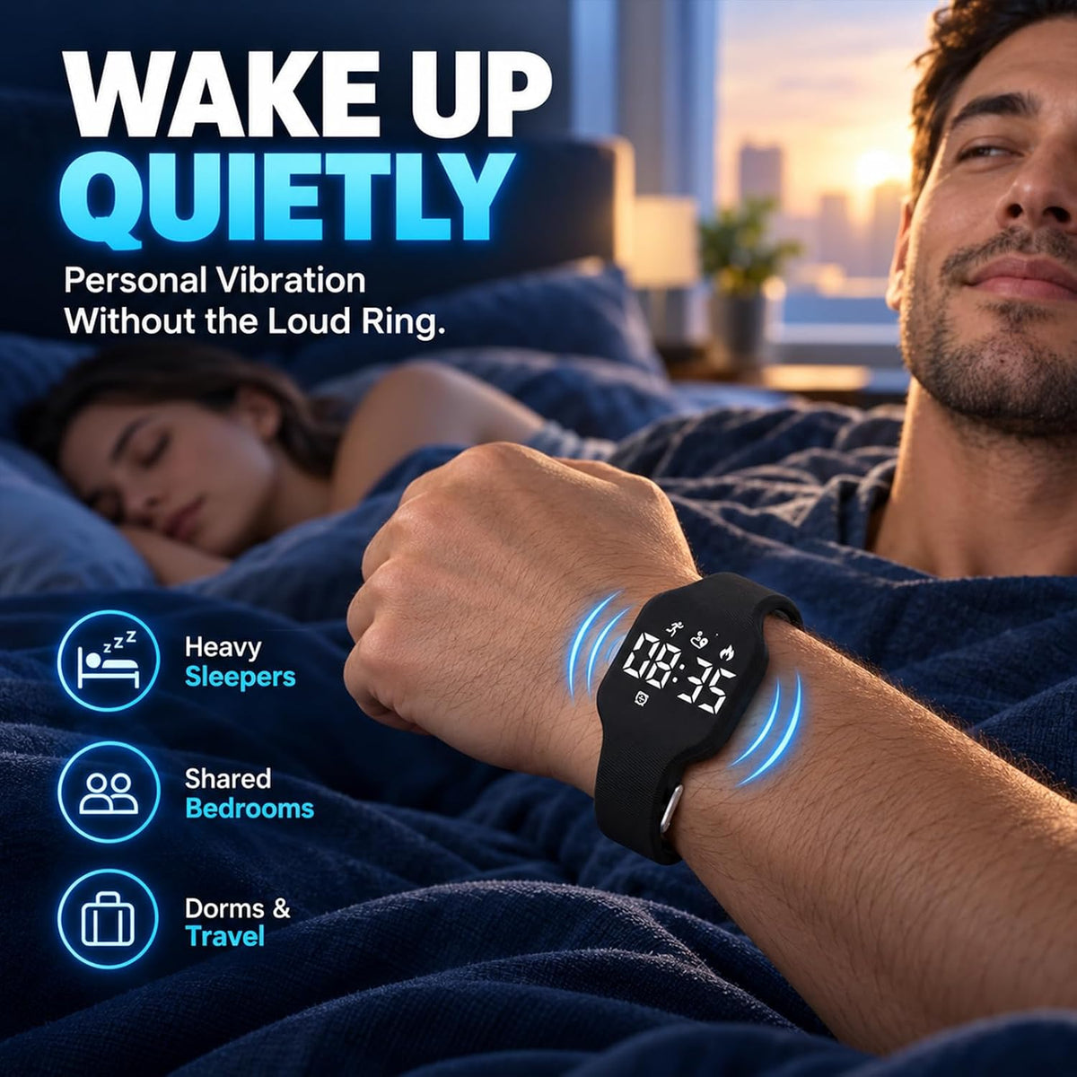Reloj despertador para personas que duermen pesadas, pulsera vibratoria, reloj silencioso, pulsera para adolescentes, sordos, adultos, agitador de cama, viaje, temporizador digital