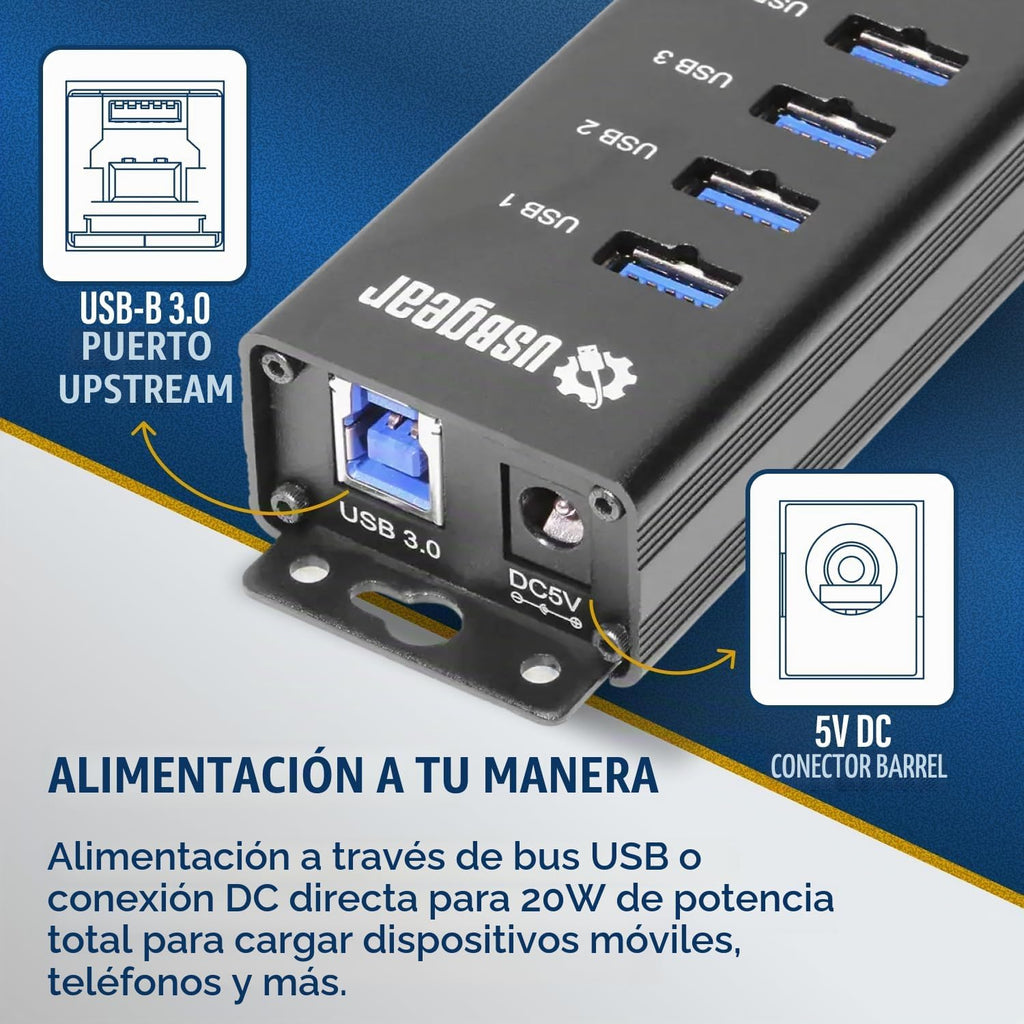 USBGear, USBG-BREC307, hub USB 3.2 de 7 puertos, alimentado, adaptador 5V/4A