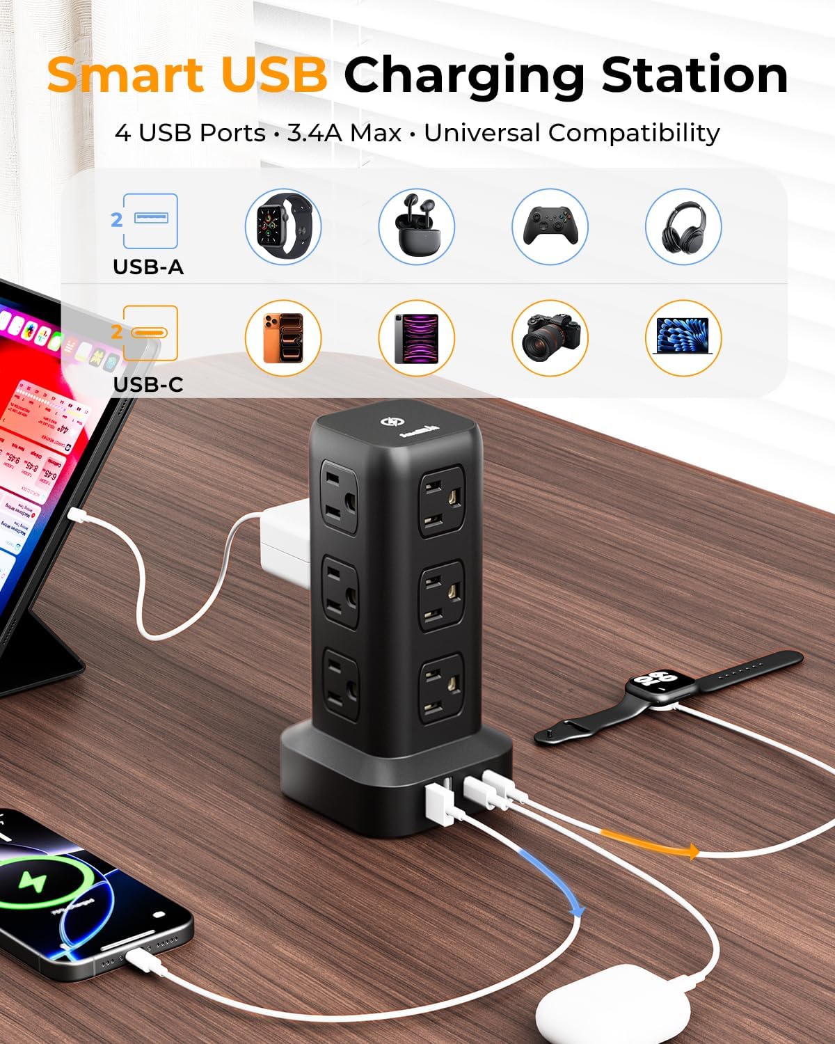 Regleta de alimentación con 12 tomas, 4 USB (1 USB C), cable de extensión de 6.5 pies con múltiples tomas, estación de carga, torre de regleta de alimentación, suministros de escritorio de oficina en