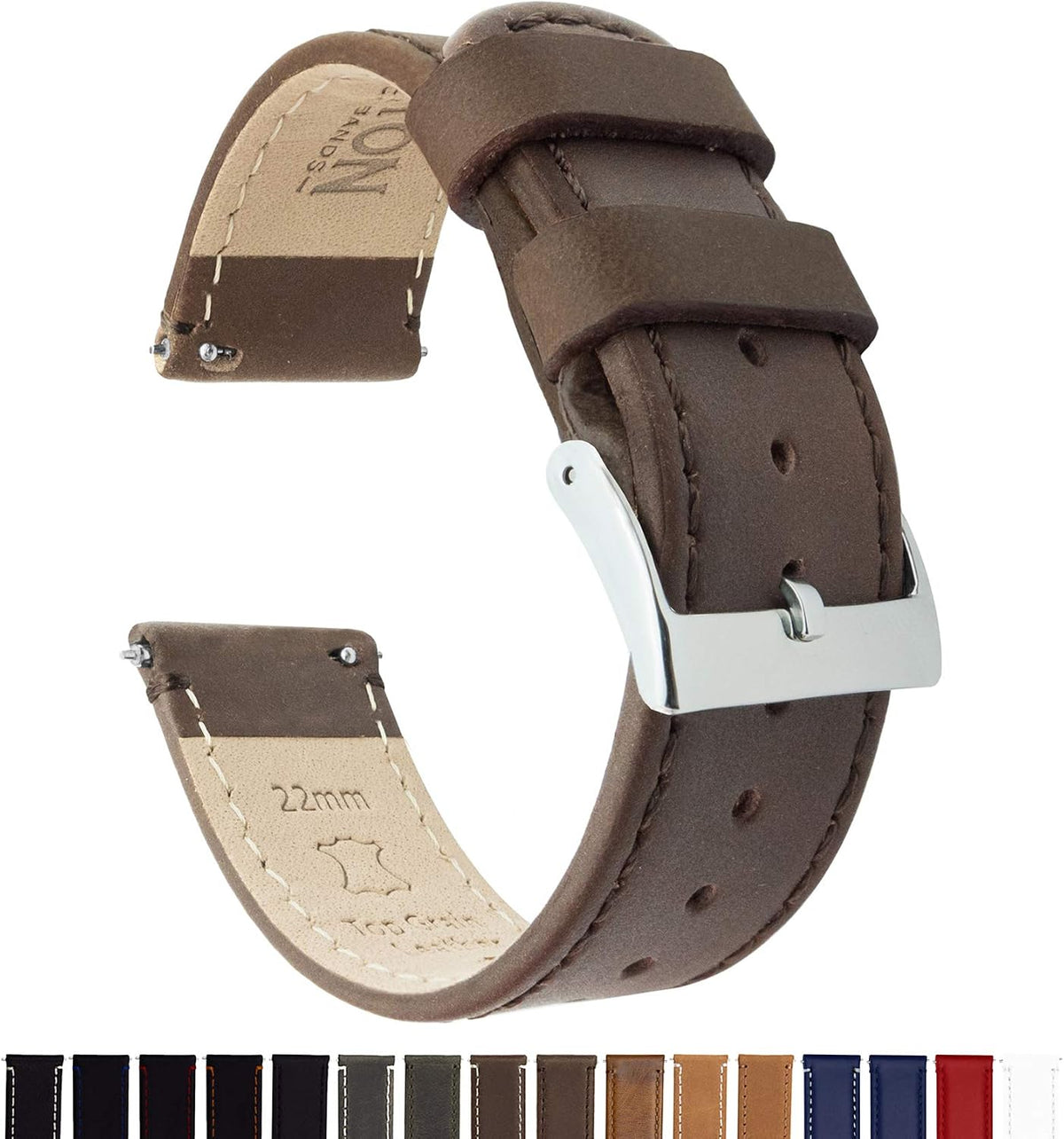 Barton - Correa de cuero flor para reloj, de liberación rápida, anchos disponibles: 16mm, 18mm, 19mm, 20mm, 21mm 22mm, 23mm o 24mm, Saddle Leather / Saddle Stitching, 20 mm, Correa