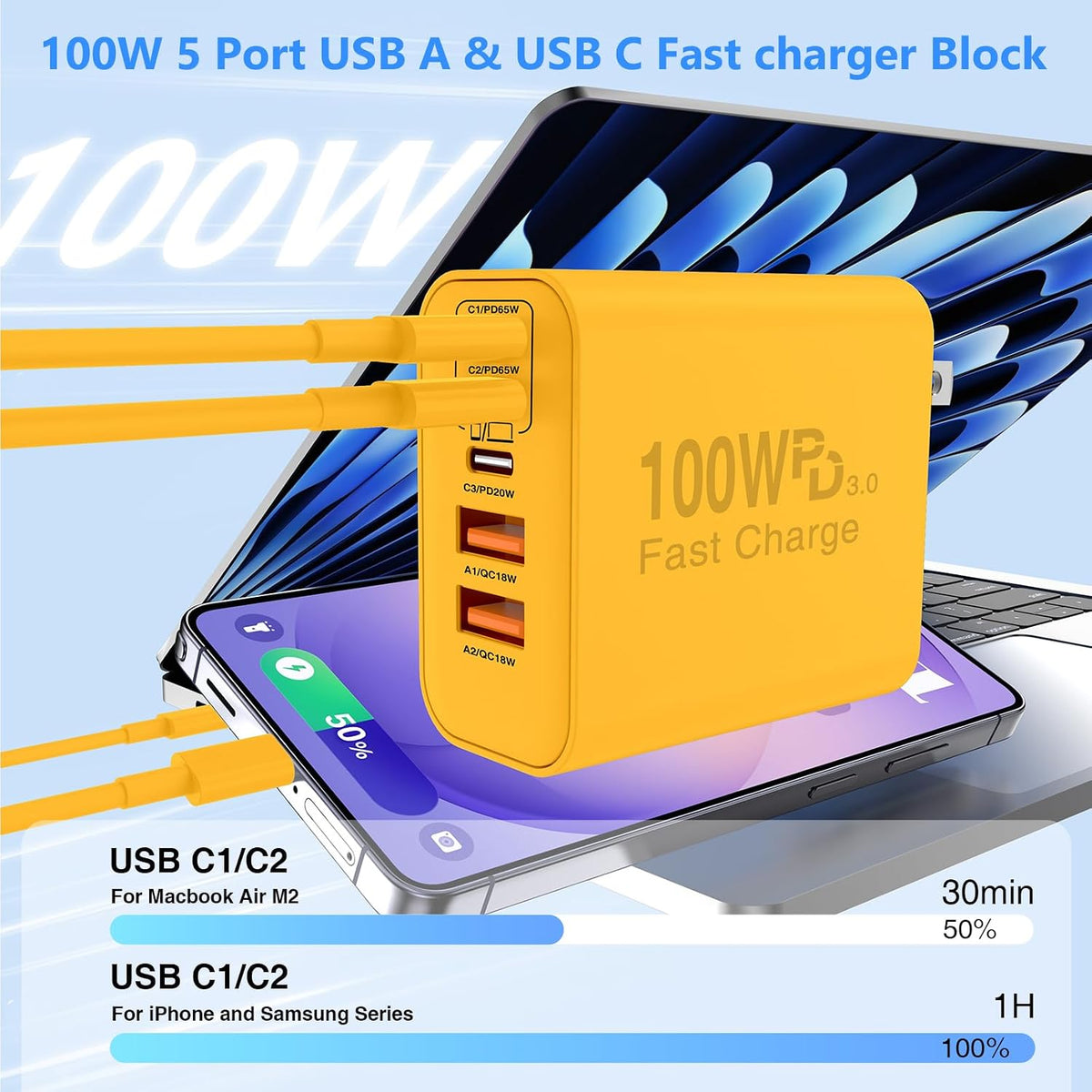 QZIIW Bloque de cargador rápido de pared USB C, bloque de carga rápida de 100 W, 5 puertos tipo C, paquete de 3 adaptadores de cargador de alimentación PD QC 3.0 USB multipuerto para iPhone 17 16