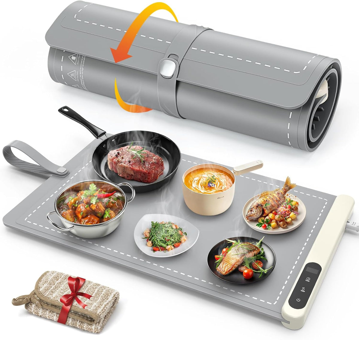 FYY Tapete de calentamiento de alimentos, bandeja de calentamiento eléctrica con 6 ajustes de temperatura y temporizador de 6 horas, calentador de alimentos de grafeno de superficie completa, bandeja