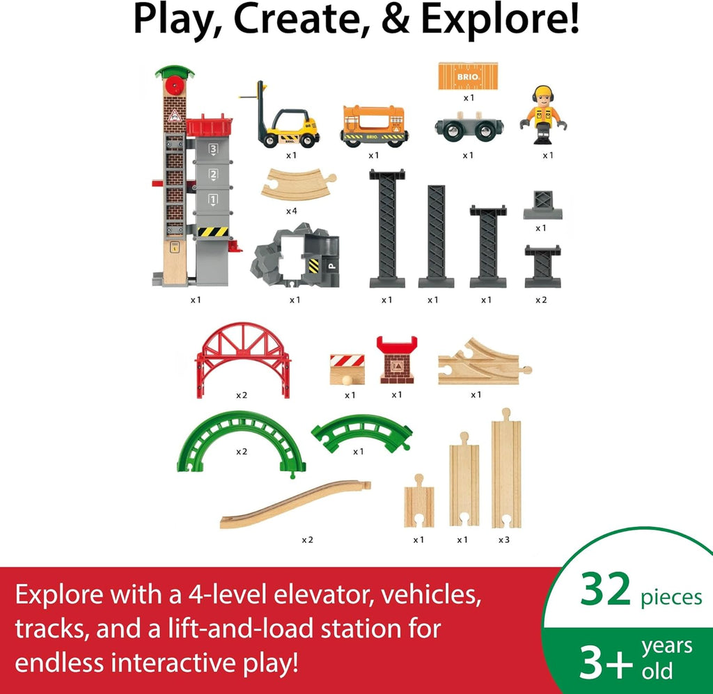 BRIO World Lift & Load Warehouse Set - 32-Piece Wood Train Set - Works con All Wooden Railway Sets - Includes 4-Level Elevator, Vehicles, Tracks & Full Station - MESH Accredited para Ages 3+