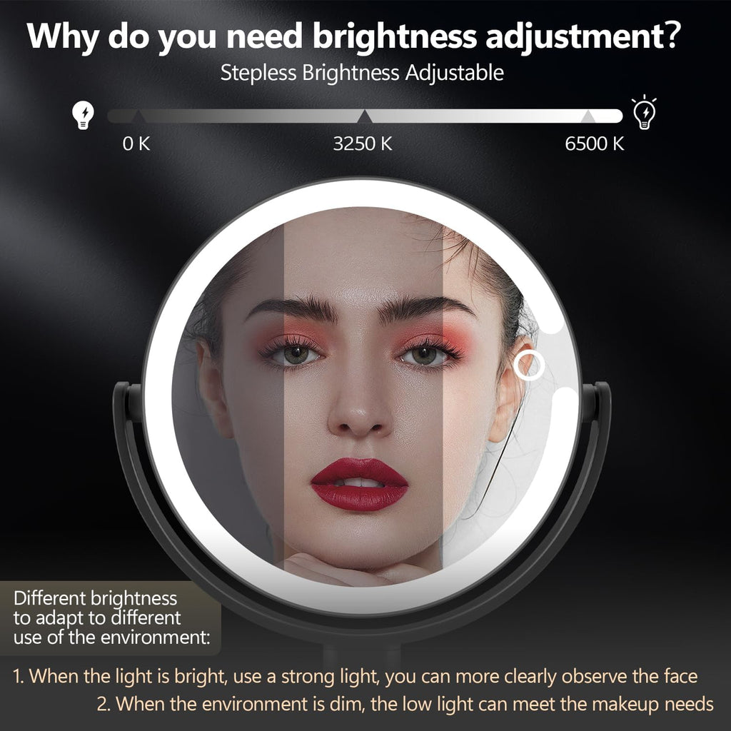 MIYADIVA Espejo de maquillaje con luces, espejo de aumento 20X con luz e interruptor táctil, espejo de tocador con 3 luces de color y 80 LED, espejos ampliados iluminados de 2 lados de 8.8 pulgadas, color negro