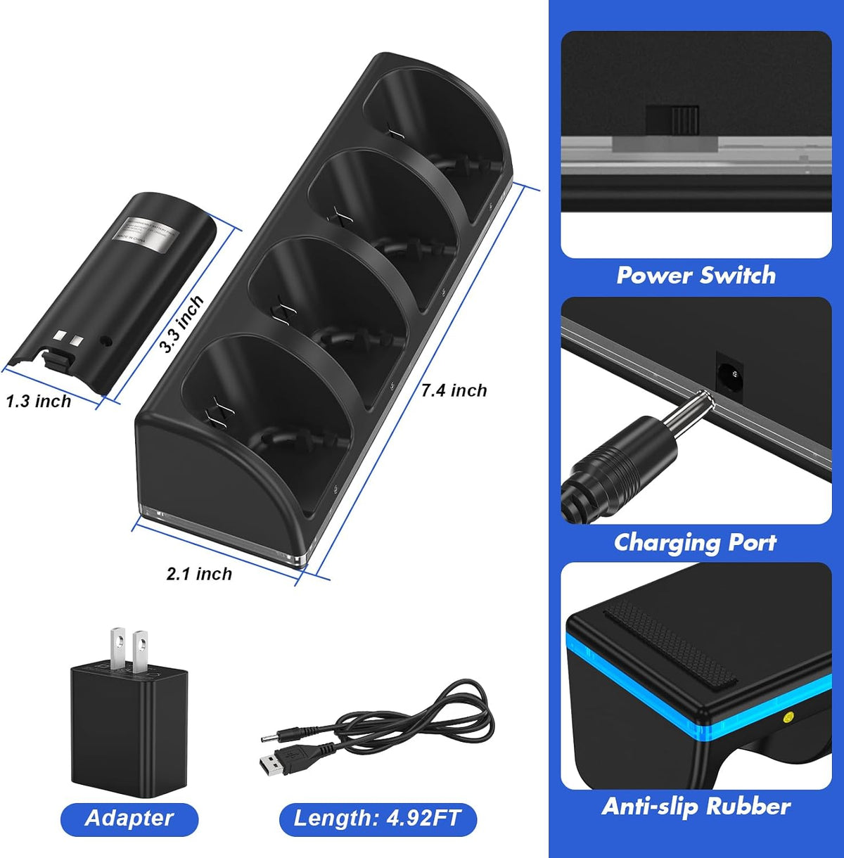 Remote Controller Charger para Wii/Wii U con 4 Pack 2800mAh Rechargeable Battery Pack, 4 puerto carga Station para Controller, Remotes Not Included