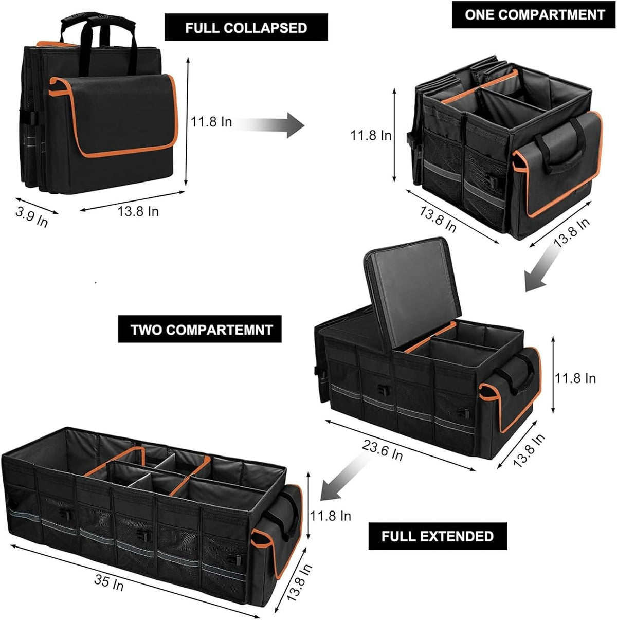 Organizador y almacenamiento para maletero de automóvil con tapa y bolsa enfriadora extraíble a prueba de fugas, accesorios para automóvil, 6 divisores extraíbles para espacio personalizado